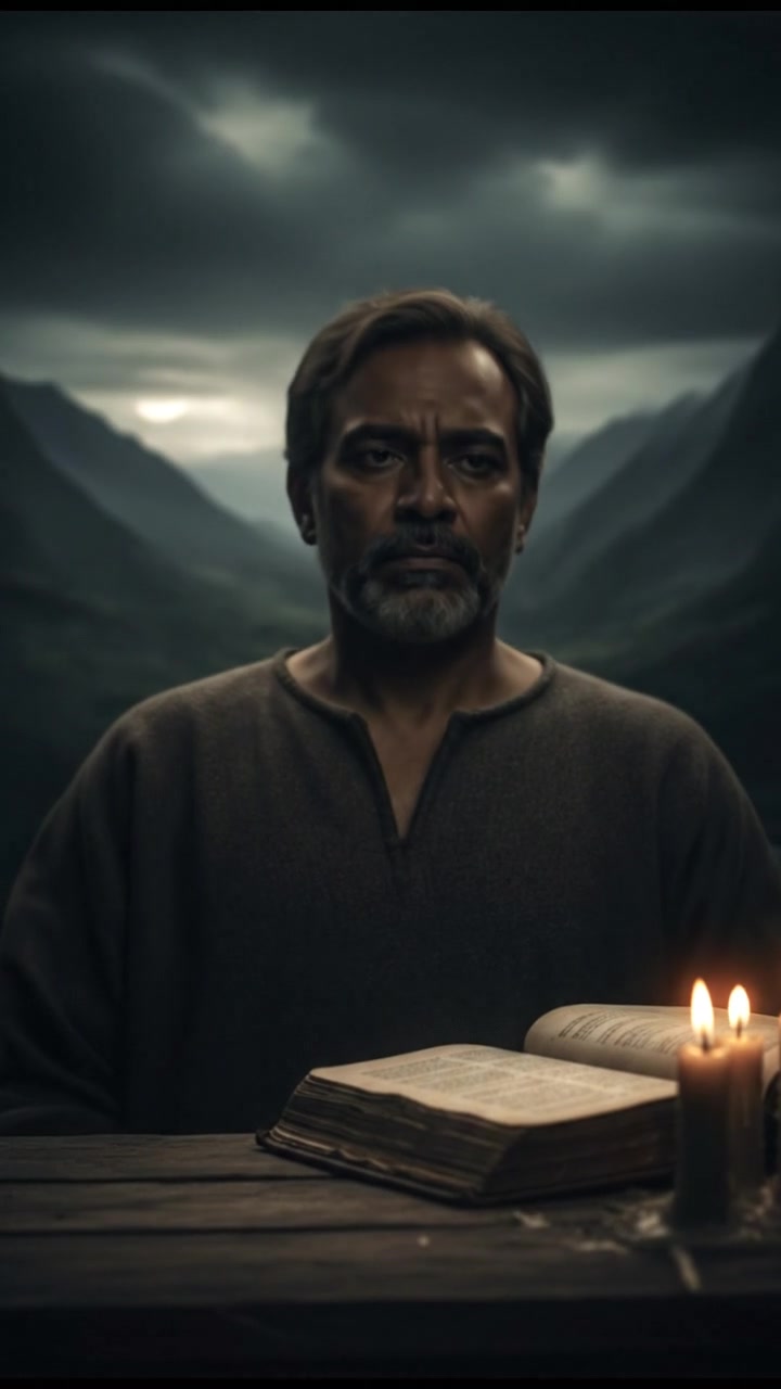 A close-up of Raj looking contemplative, with a blurred landscape in the background.