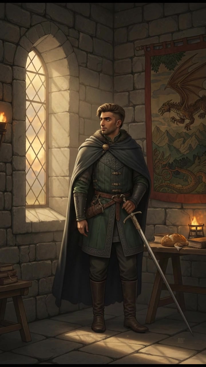 A simple, quiet scene of Arjun, looking contemplative, standing alone in a softly lit corner of the room.