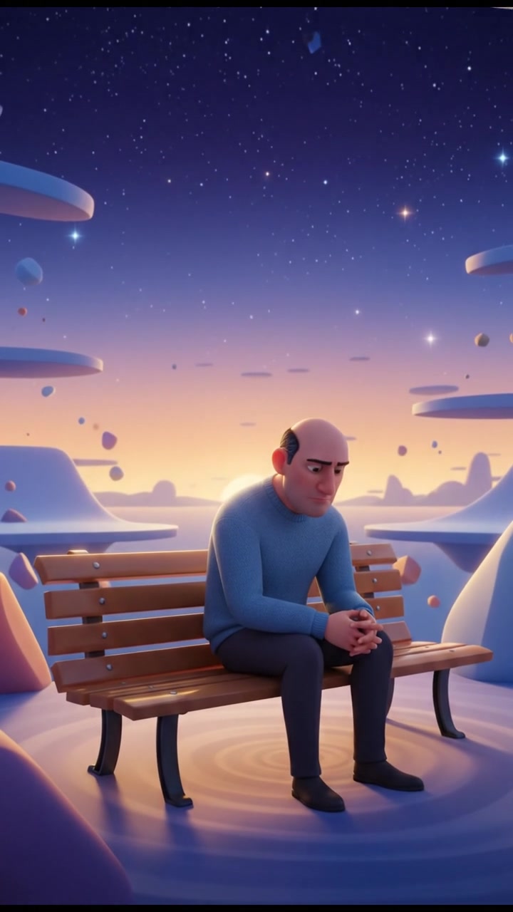 Carlos sitting on a bench, deep in thought, surrounded by empty spaces, symbolizing his isolation.