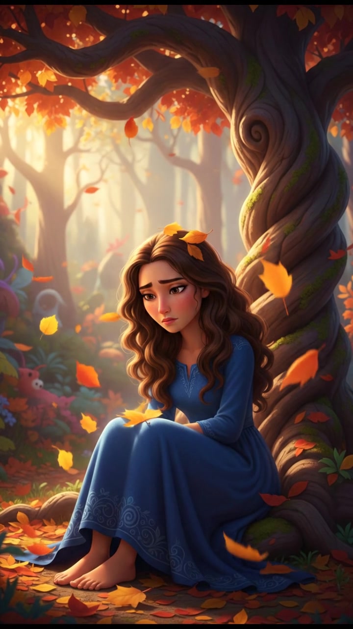 Maya sitting under a large tree, looking down with a somber expression as leaves drift around her.