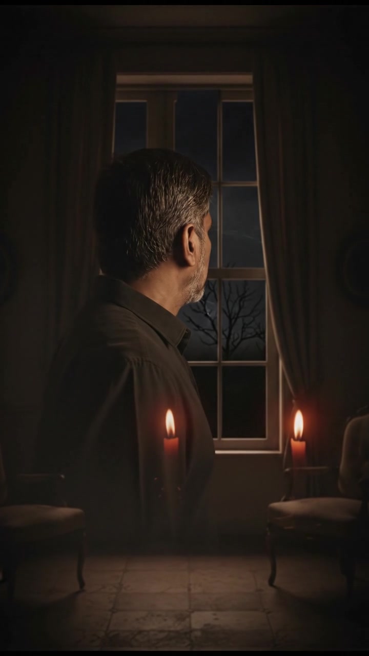 Raj looks out of the window into the darkness, his face showing deep concern.