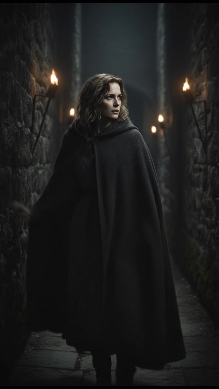 Ashley cautiously moving through a dimly lit hallway, glancing around.