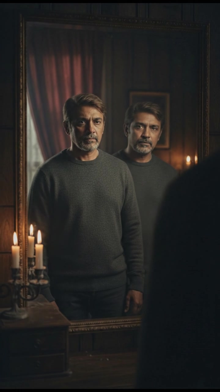 Raj standing in front of a mirror in a warmly lit room, looking at his reflection.