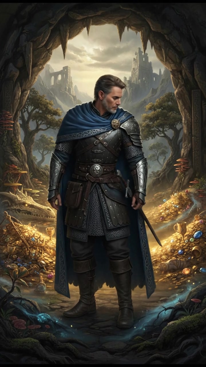 Omar standing at the entrance of a dark cave, with treasure gleaming inside.