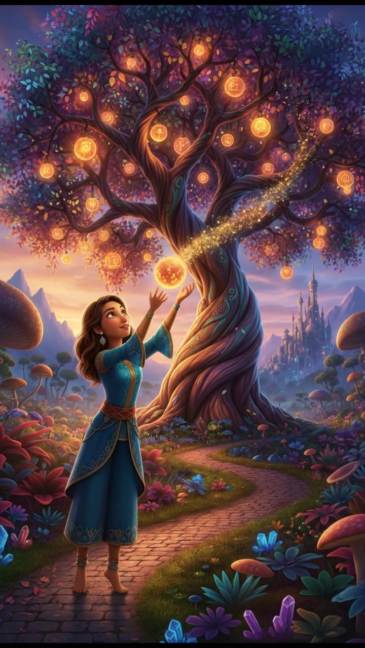 Laila reaching out towards the fruit on the Tree of Knowledge, mesmerized.