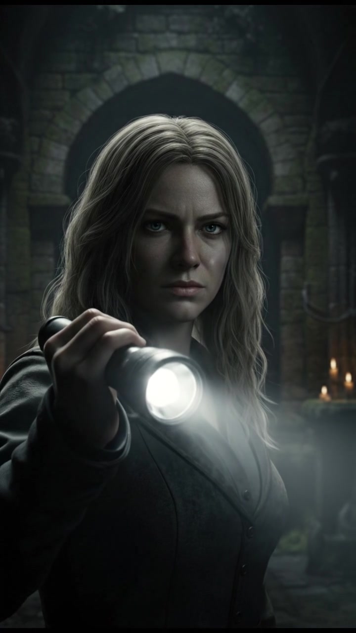Close-up of Ashley's hand gripping the flashlight tightly, with a determined expression on her face.