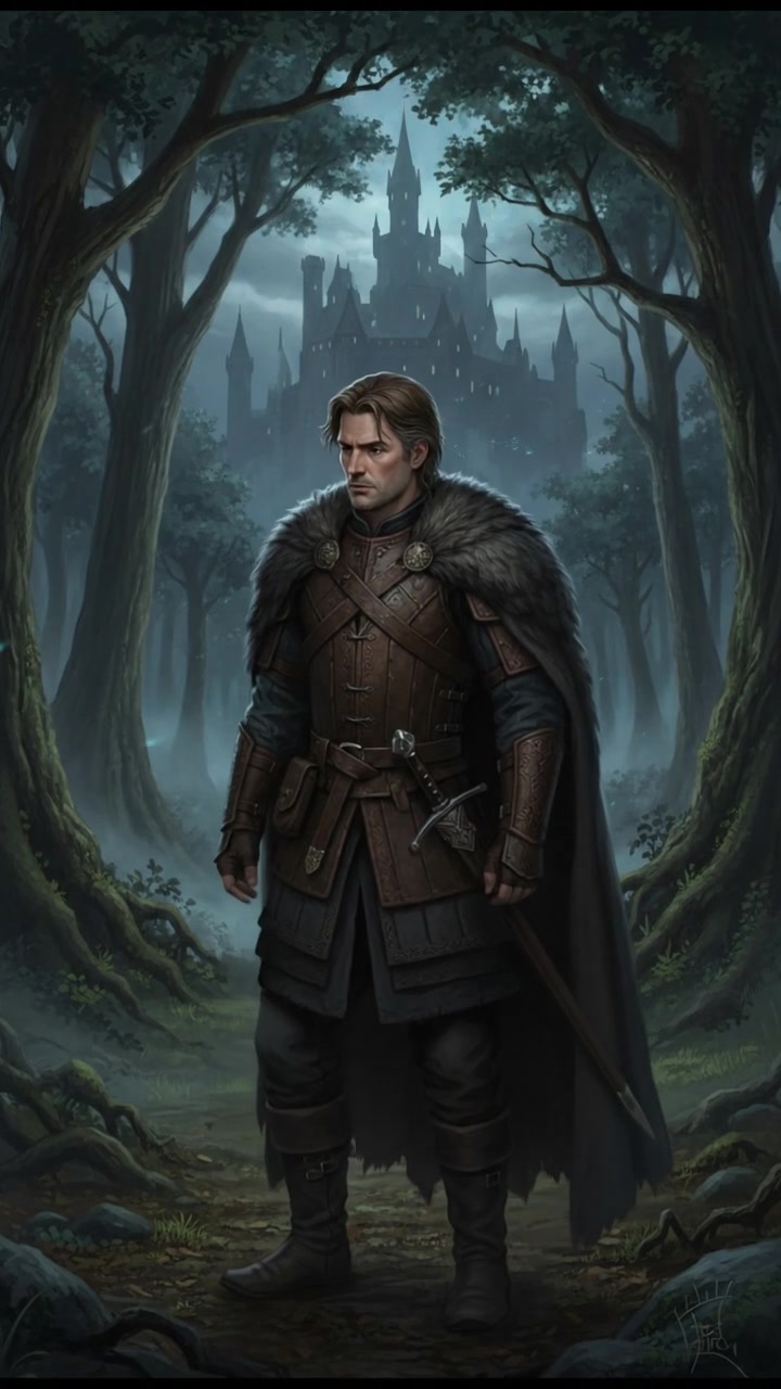 Mark stands in a dimly lit forest clearing, surrounded by tall, dark trees, looking contemplative.