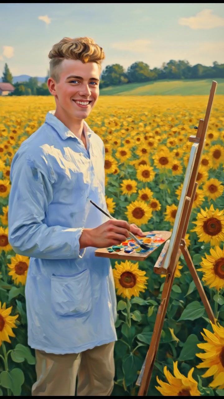 Ryan joyfully paints at his easel outside, with fields of sunflowers swaying around him.