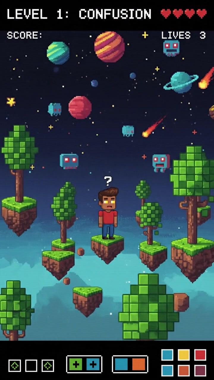 Arjun, confused, stands in a surreal landscape filled with blocky terrain and block-style trees.