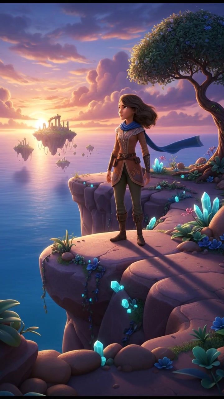 Laila standing at the edge of a cliff, gazing at the horizon with a determined expression.