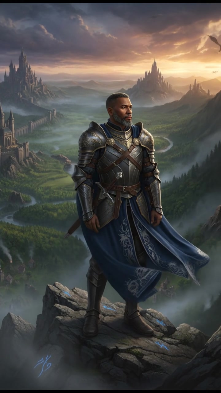 Kwame standing at the mountain top, gazing out over the vast landscape, with a slight breeze.