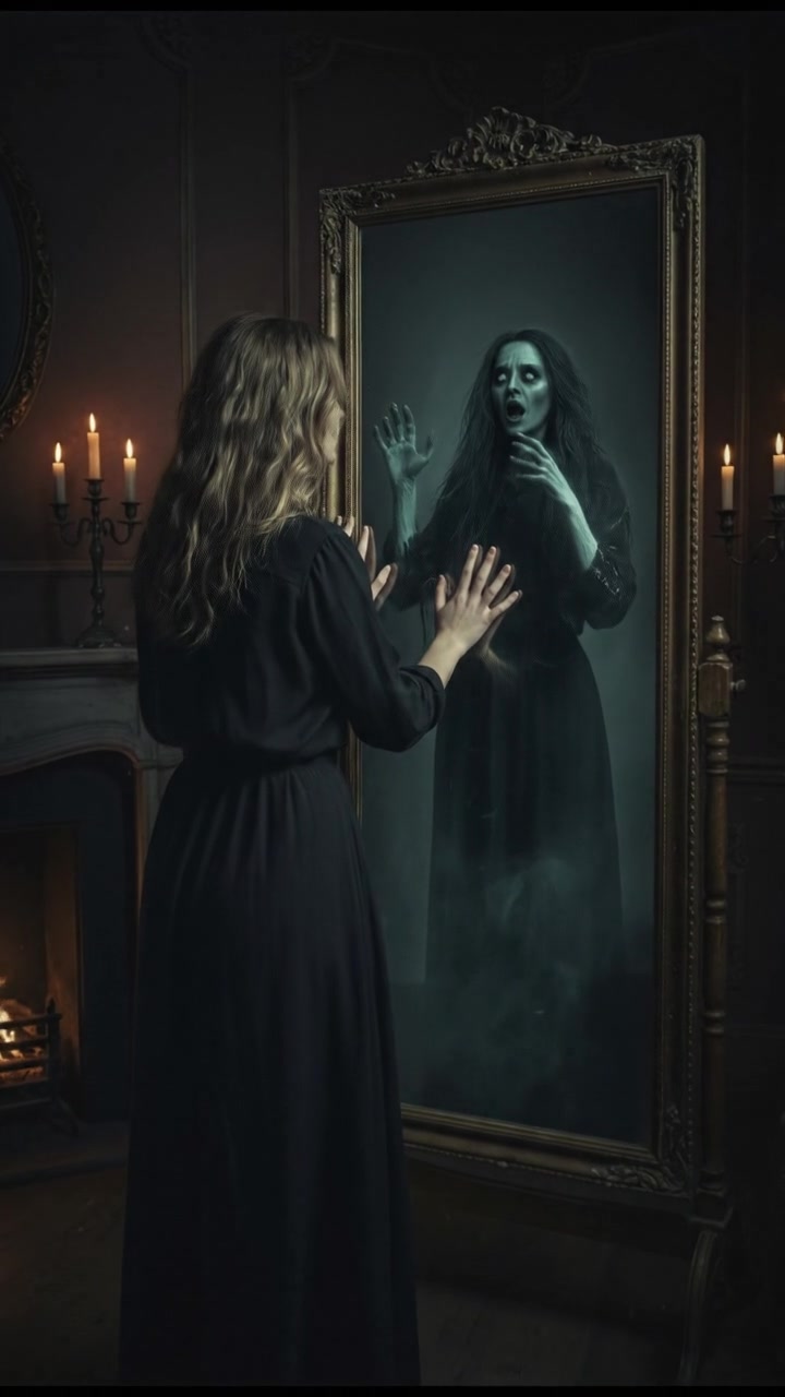 Ashley standing in front of an old mirror showing the Mirror Reflection Entity in her place.