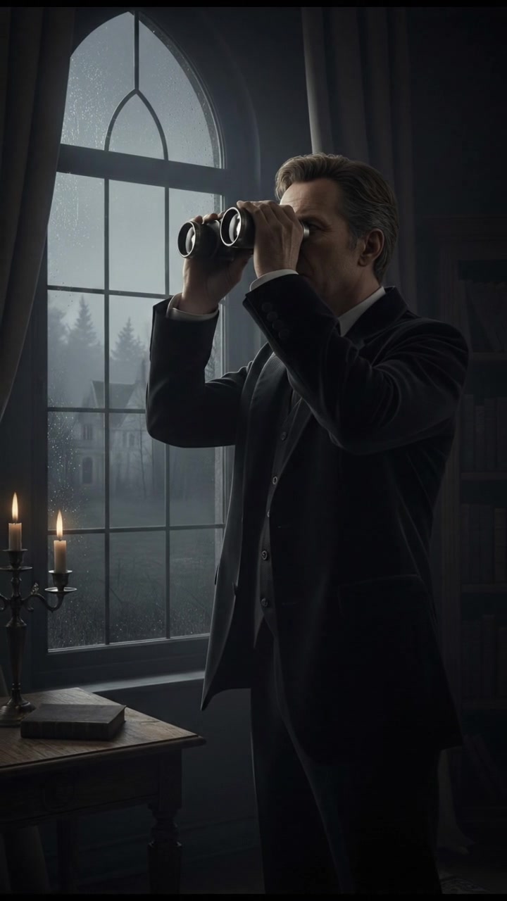 Mark adjusting his binoculars while peering out of his window.