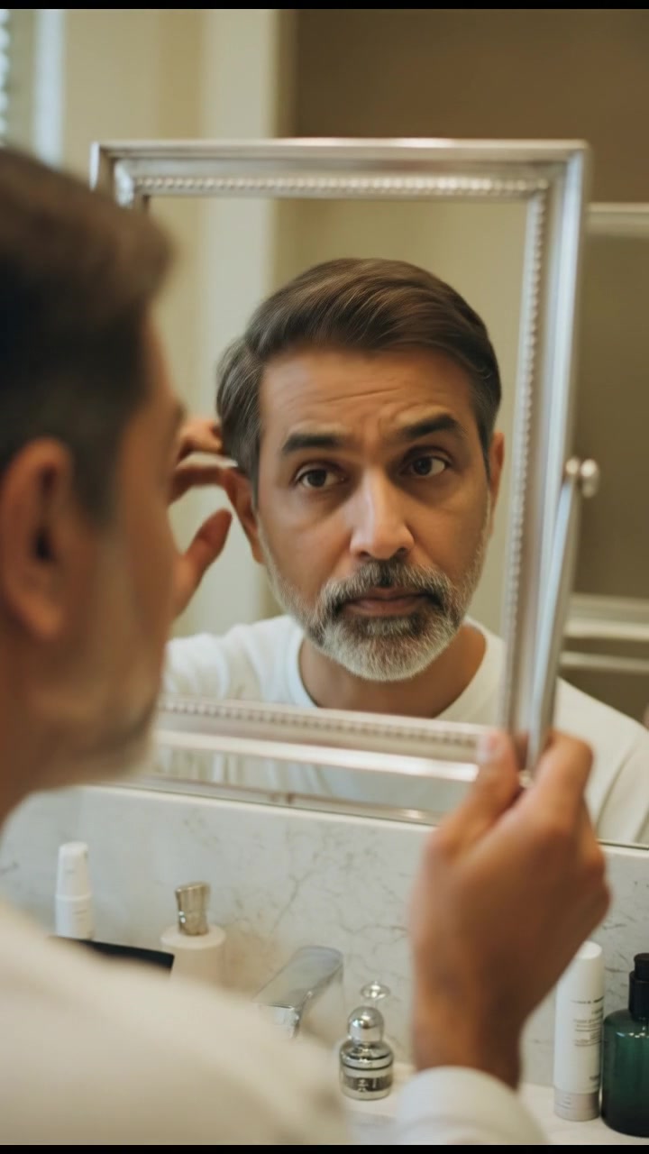 A close-up of the Raj looking in a mirror, examining his graying hair thoughtfully.