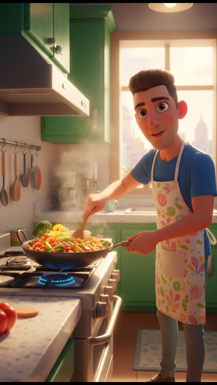 Amir stands in a kitchen, stirring a pan of fried rice on the stove.