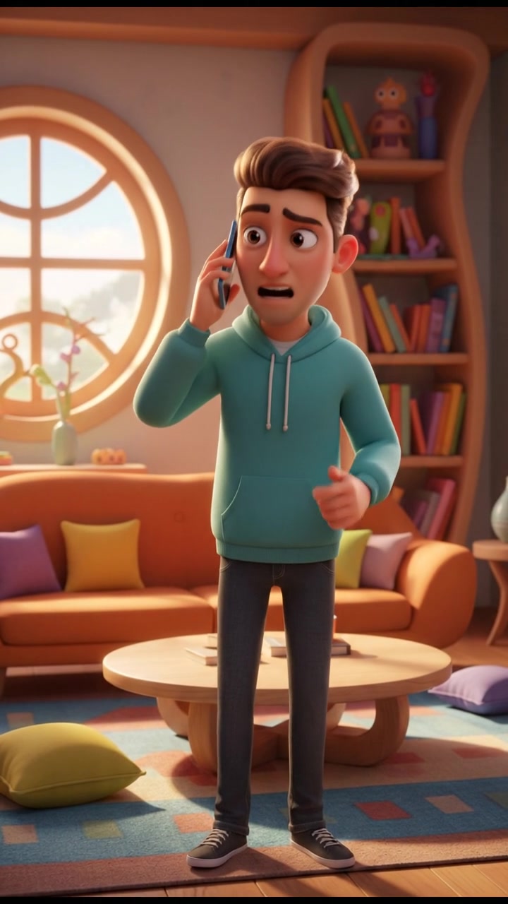 Amir holding his phone to his ear, with a puzzled expression in his living room.