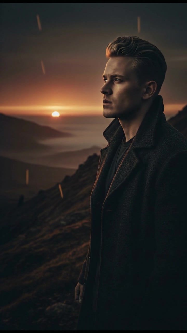 Ryan stands on a hilltop, gazing at the sunrise with a look of determination.