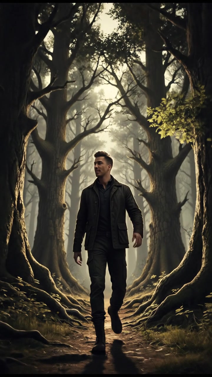 Amir walking deeper into the forest with trees towering overhead, an excited expression on his face.