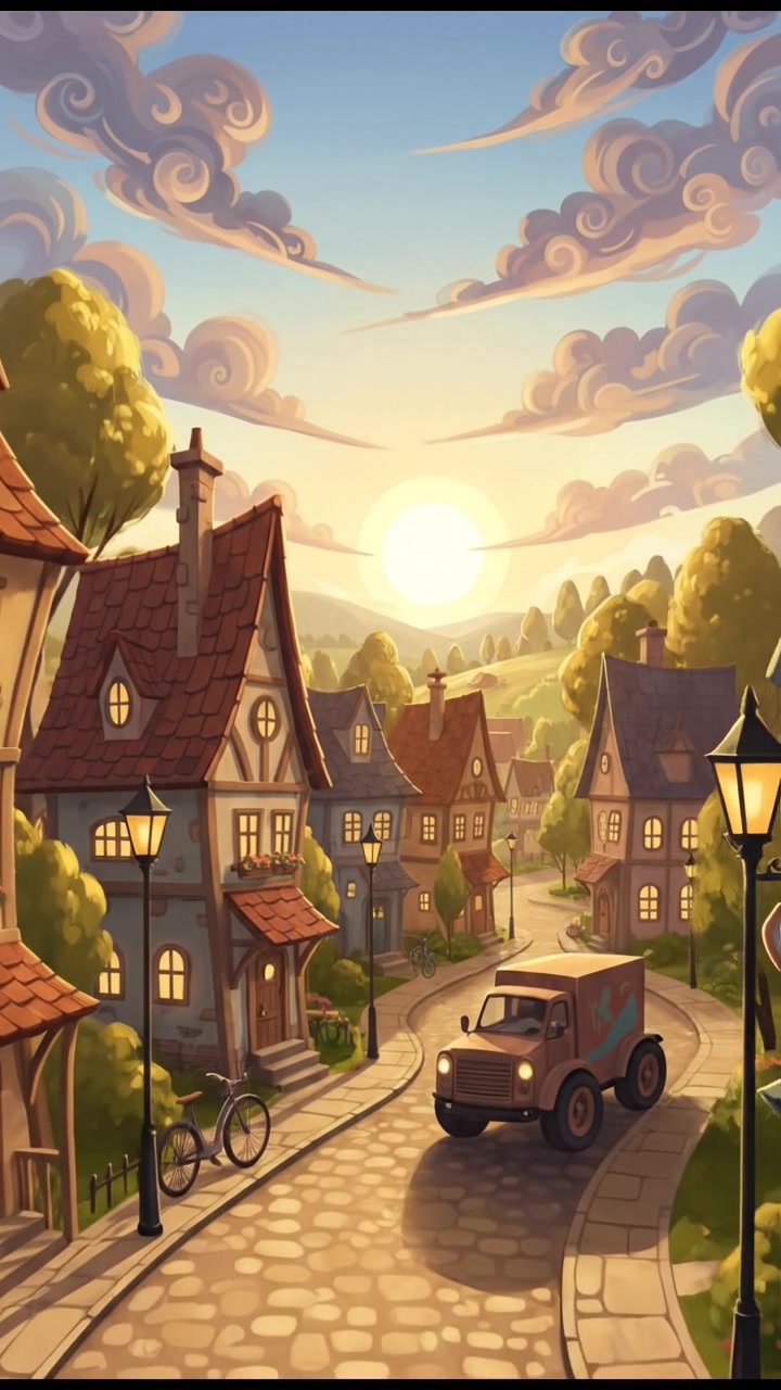 A small town in the early morning light, with quaint houses and a quiet street.
