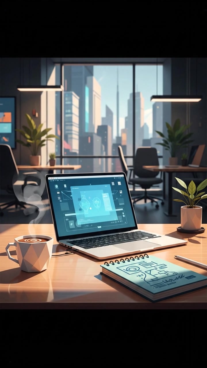 A modern office space with a laptop open, a cup of coffee, and a notepad on a desk.