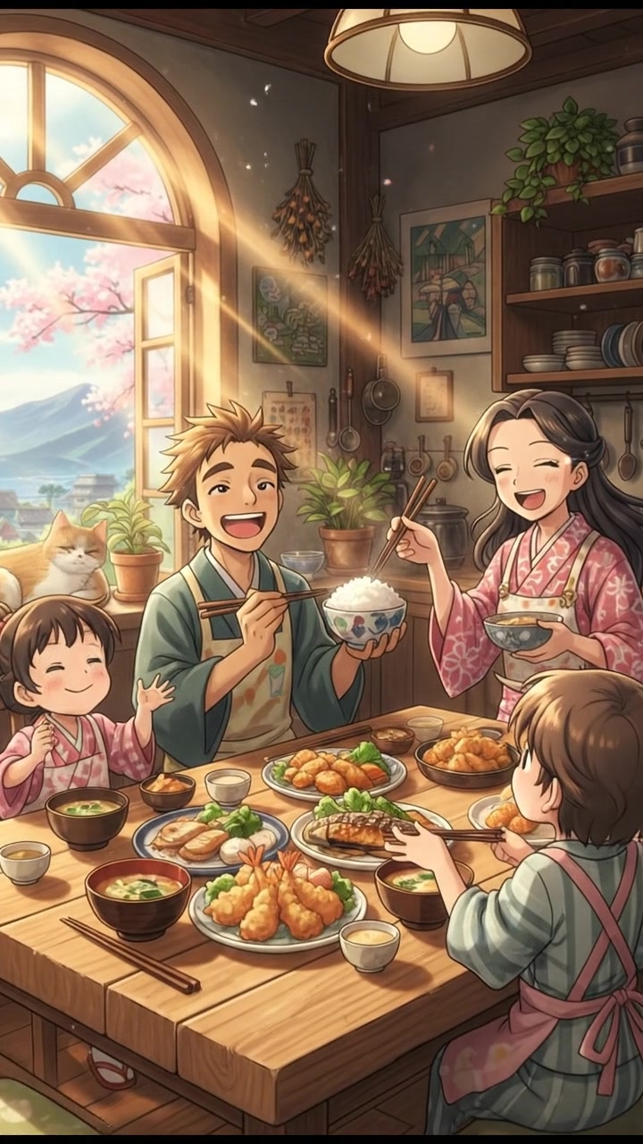 Cute Girl and Colorful Cat Drinking Milk