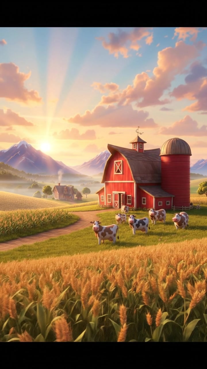 Morning Harmony: Puppies and a Cow on the Farm