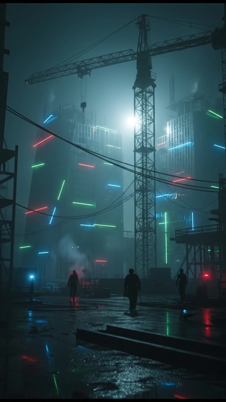 A construction site during the day with a large tower crane and buildings in the background.