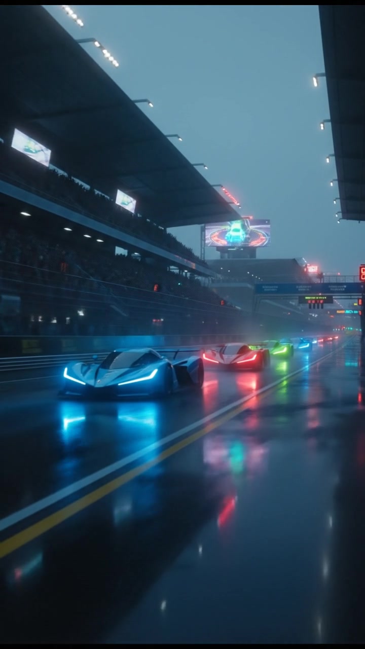 A racetrack filled with colorful cars speeding by, surrounded by cheering crowds.