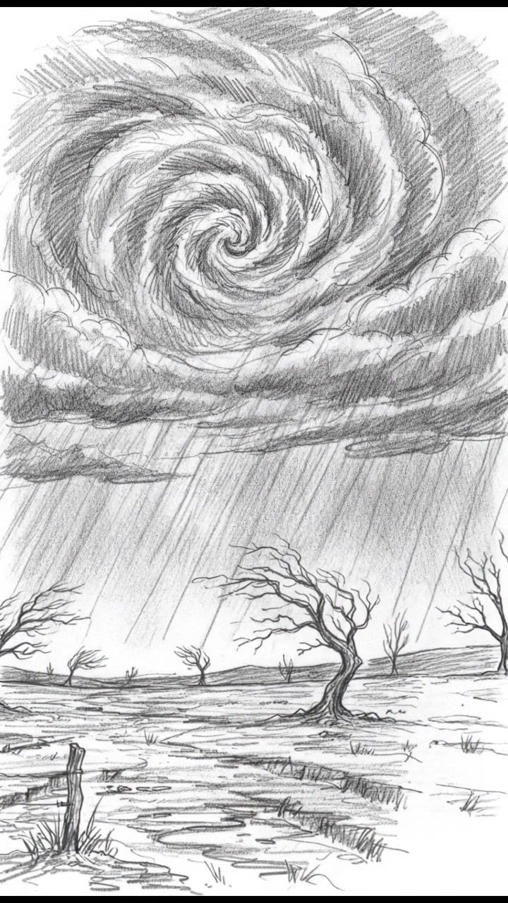 A gloomy landscape with dark clouds swirling above, heavy rain pouring down on a barren field.