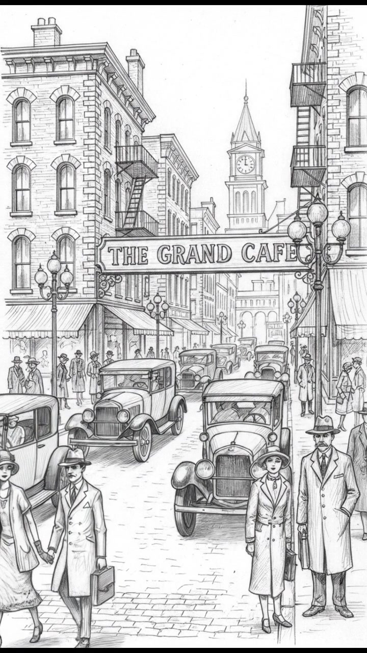 A vintage 1920s street scene with classic cars and pedestrians in period clothing.
