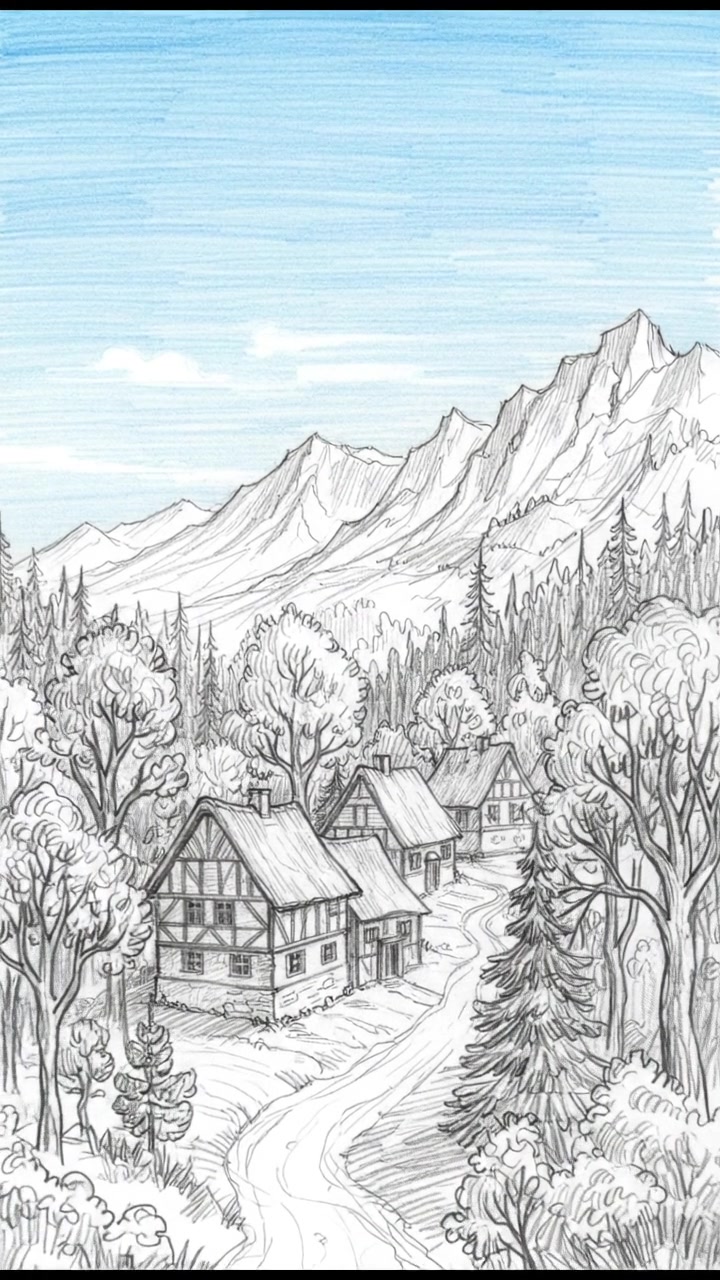 A small village with traditional houses surrounded by trees and mountains under a clear blue sky.