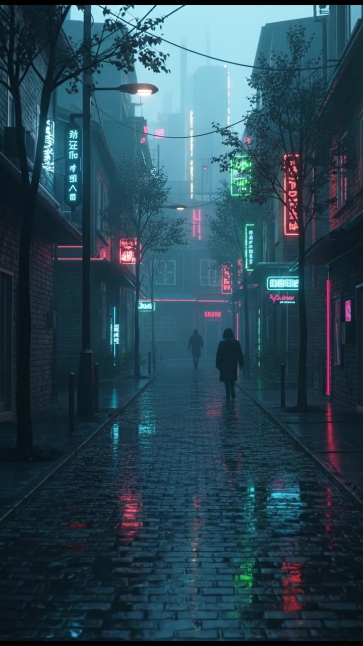 A cozy street with small houses, trees lining the sidewalk.