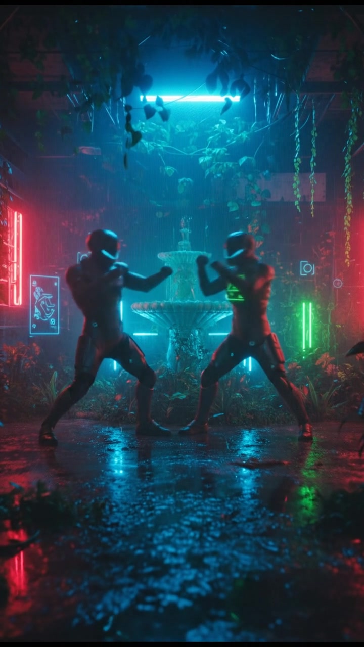 Billi and Chuha face each other in a playful stance in a sunny garden.