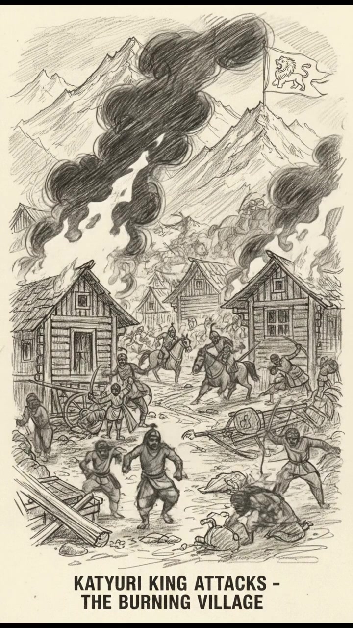 A chaotic village scene with people fleeing and houses burning, illustrating the turmoil from Katyuri king attacks.