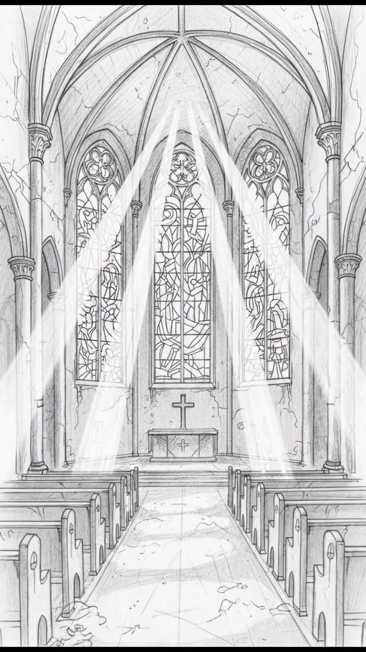 An empty church with sunlight streaming through stained glass windows.