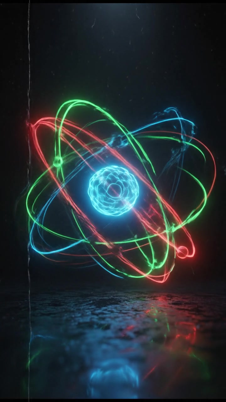 A close-up of a glowing atom model with swirling electrons, set against a dark background.