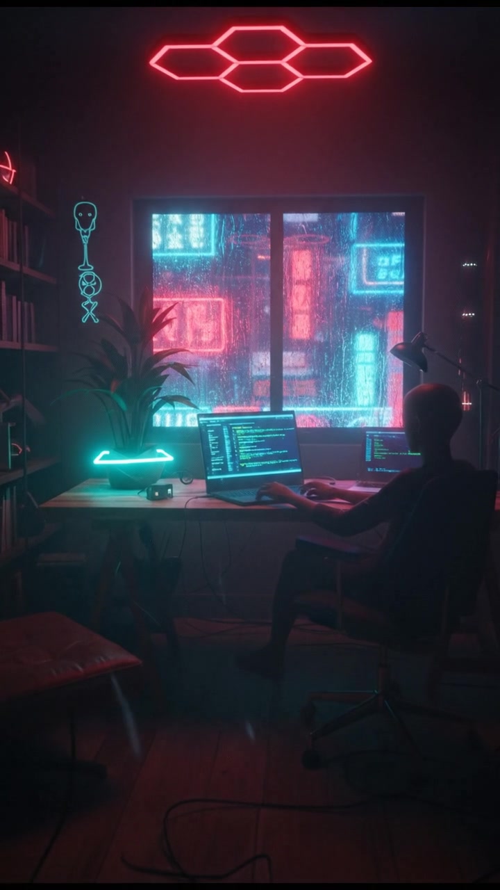 A cozy home office with a computer desk, showing a laptop with code on the screen.