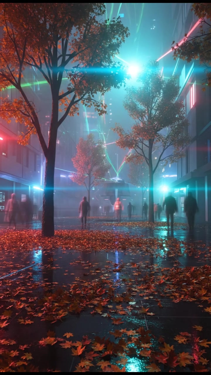 A landscape of autumn leaves in shades of red and gold, with trees in a park.