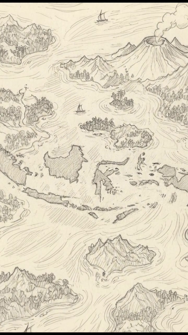 An aerial view of the Indonesian archipelago, showcasing its diverse islands and coastline.