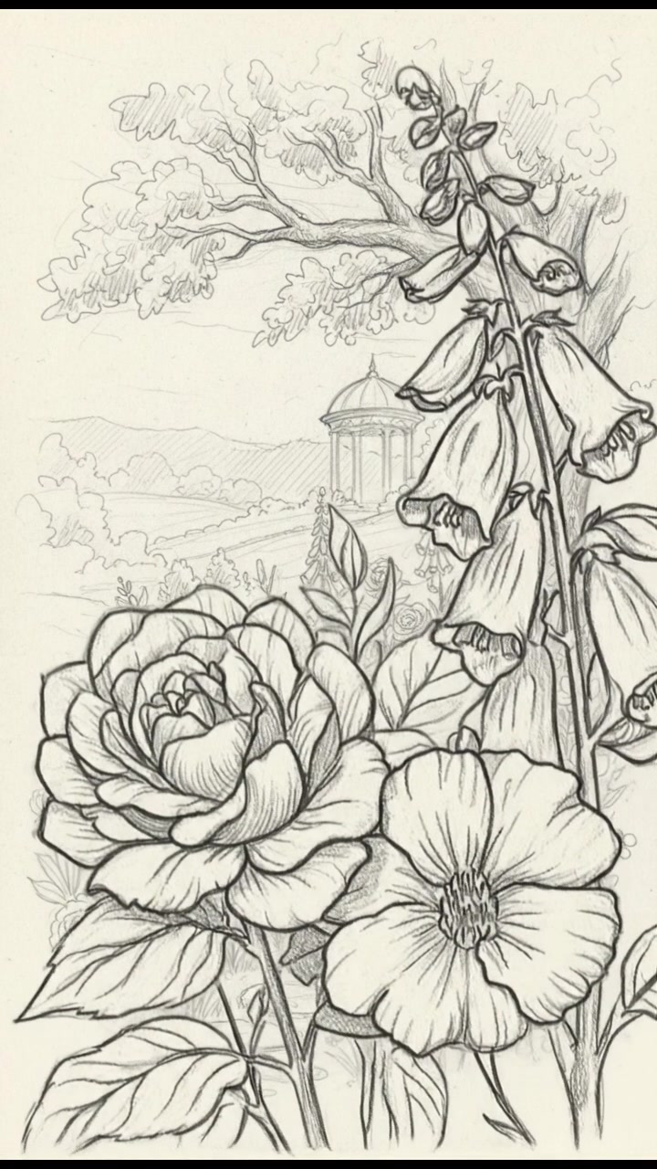 A serene garden filled with blooming flowers and a small stone bench under a tree.