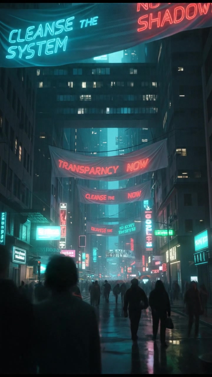 A city street with tall buildings, a busy crowd, and banners about anti-corruption hanging above.