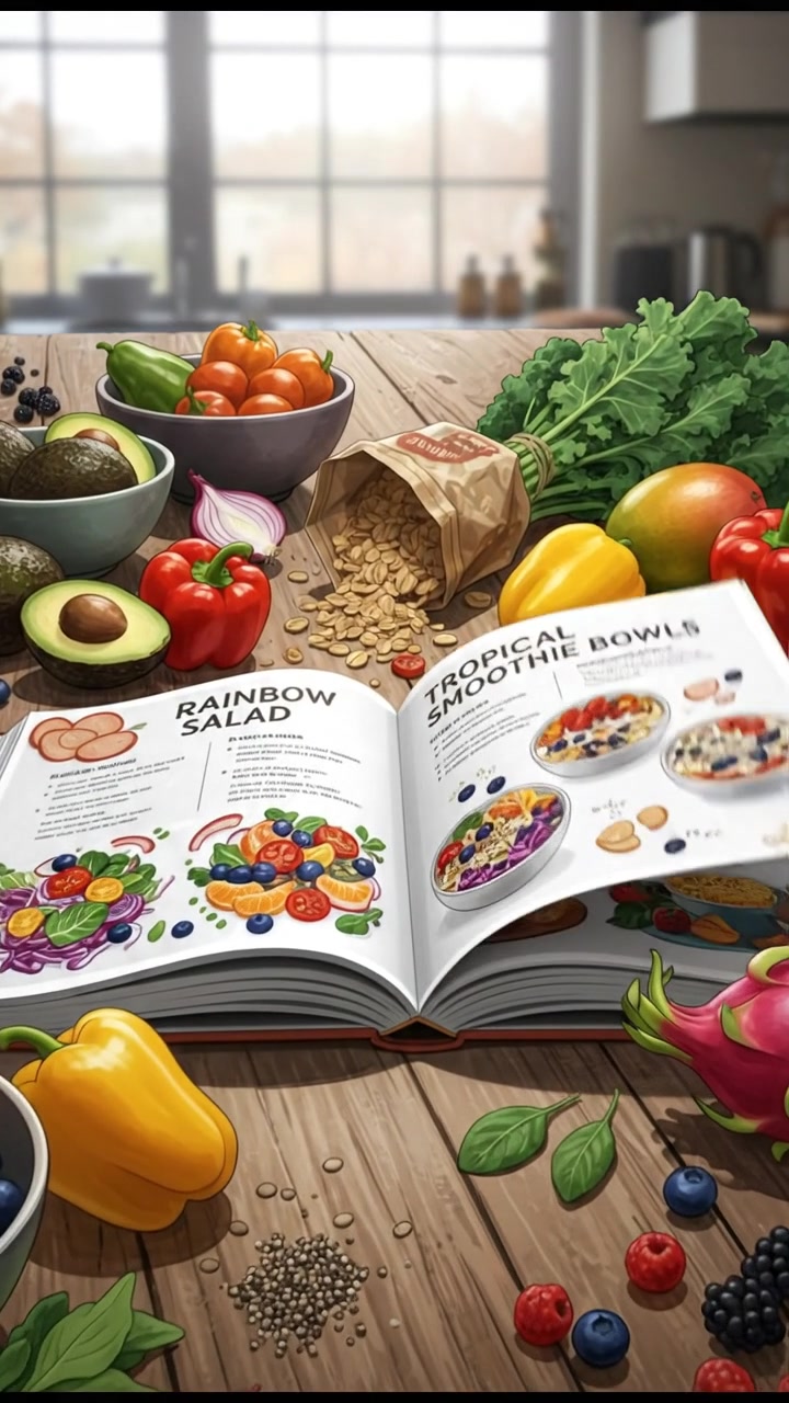 A cookbook opened on a table, showcasing colorful recipes with a vibrant spread of ingredients.