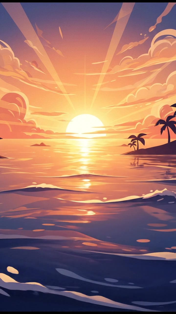 A panoramic scene of the calm ocean under the golden glow of the setting sun.