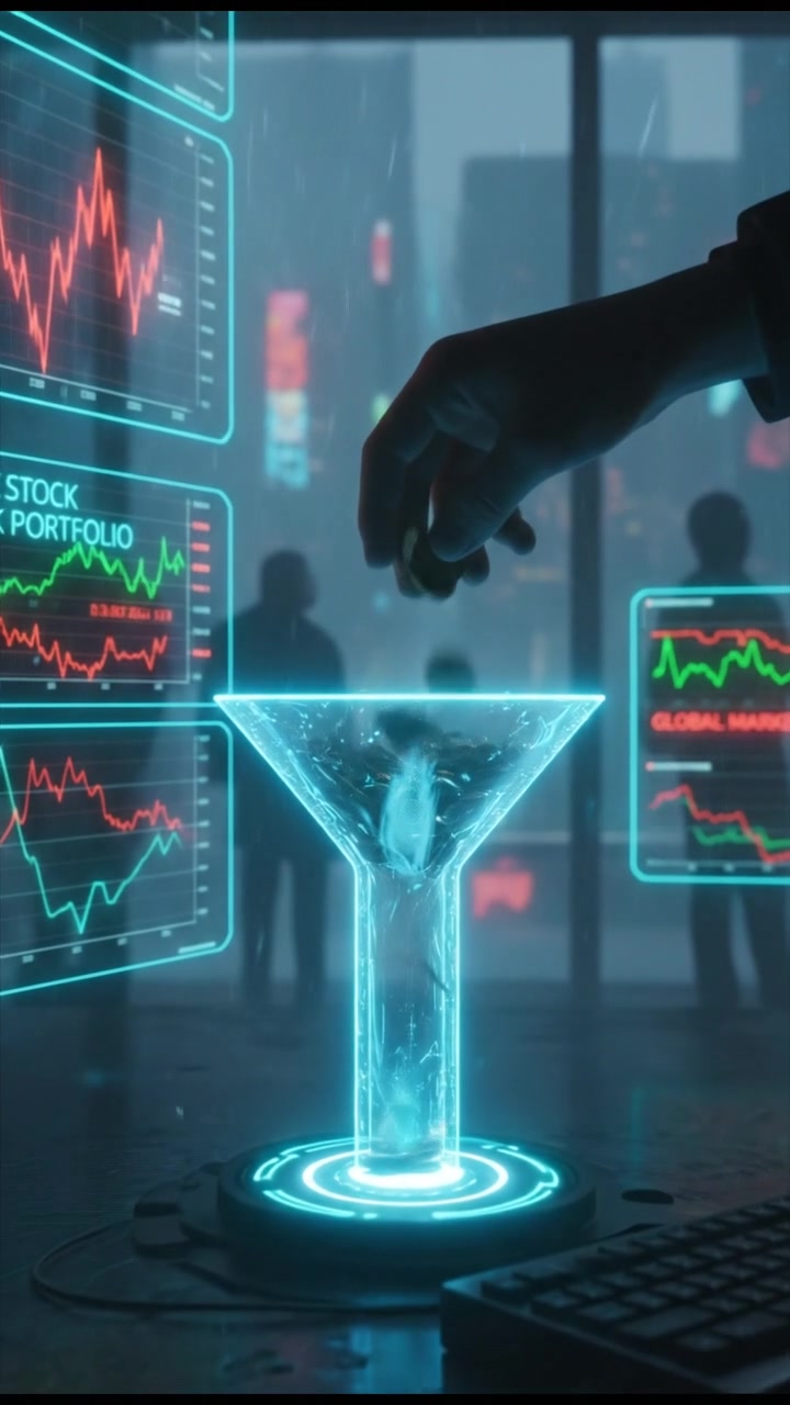 A hand placing coins into a single stock portfolio, with charts and financial news in the background.
