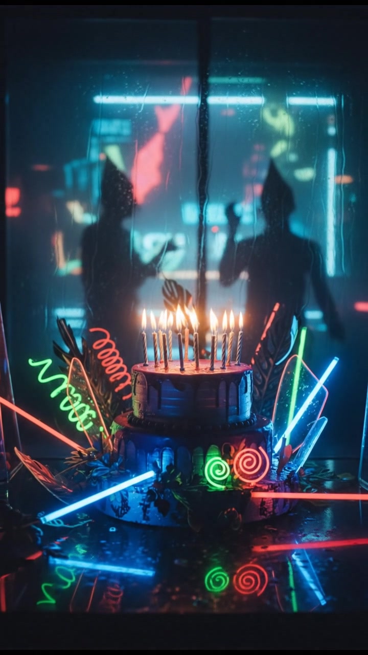 A close-up of the birthday cake with candles, surrounded by colorful decorations.