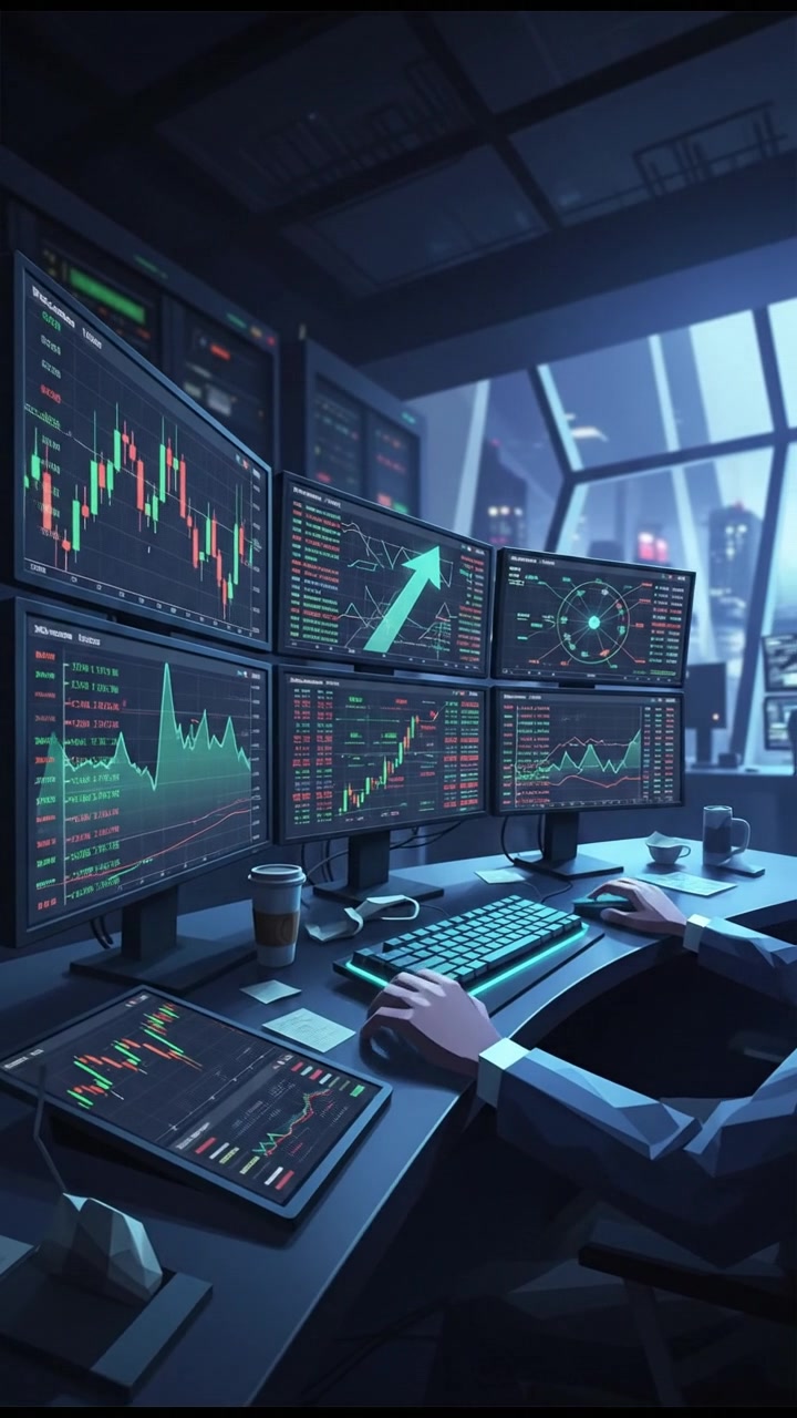 A stock market trading desk with multiple computer screens displaying financial data, graphs, and candlestick charts.