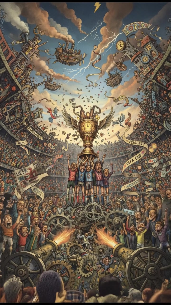 A football stadium filled with cheering fans during the UEFA Cup celebration, colorful banners waving.