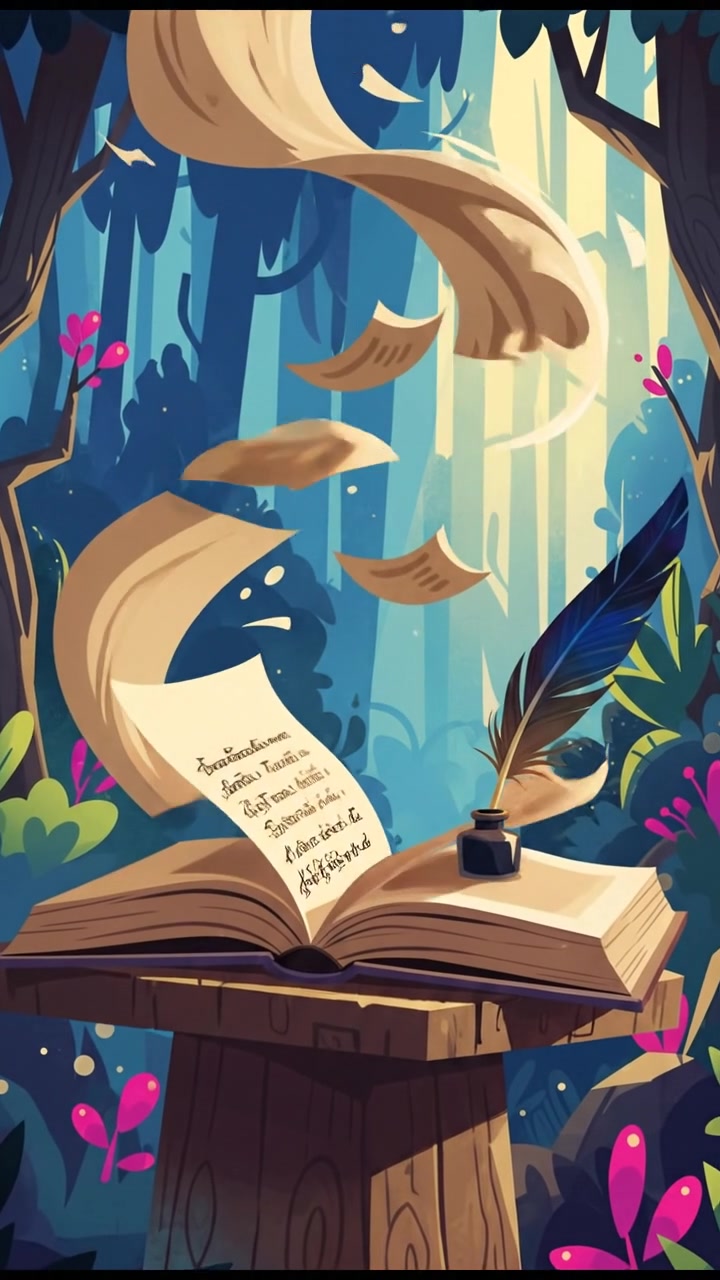 An open book with a feather quill, pages turning in the breeze.