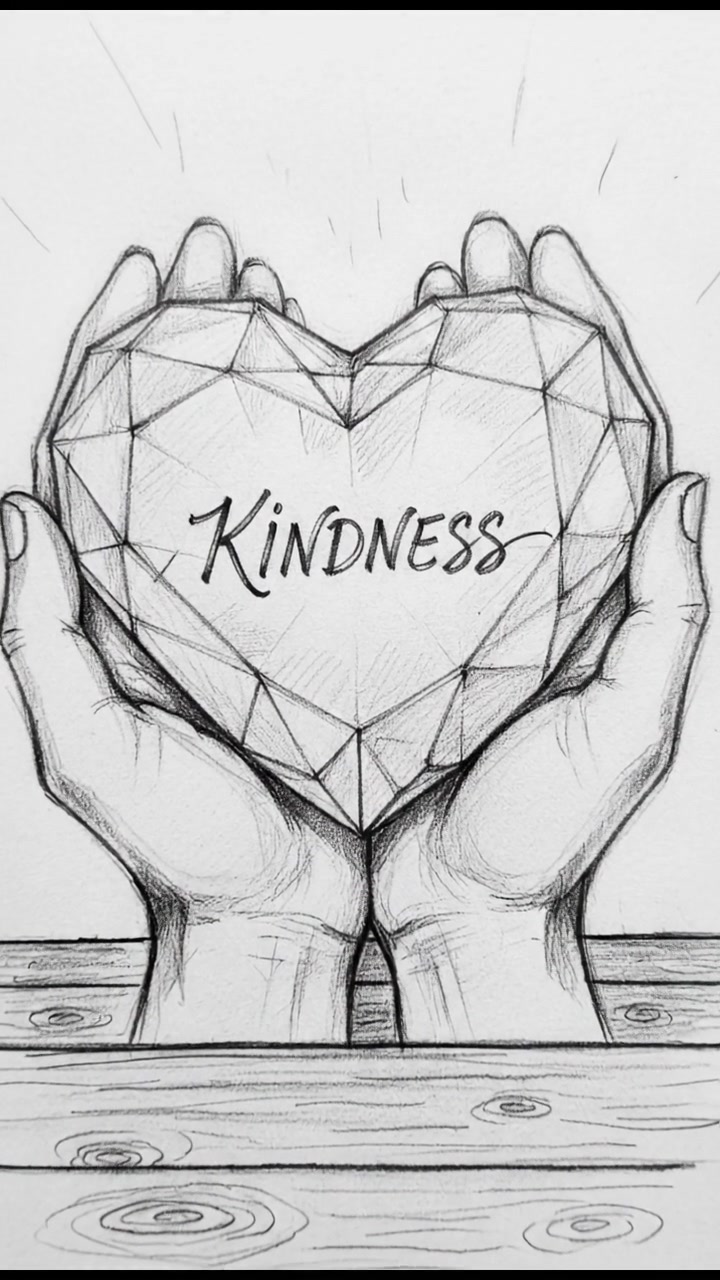 A close-up of hands holding a heart-shaped stone, symbolizing kindness, resting on a table.