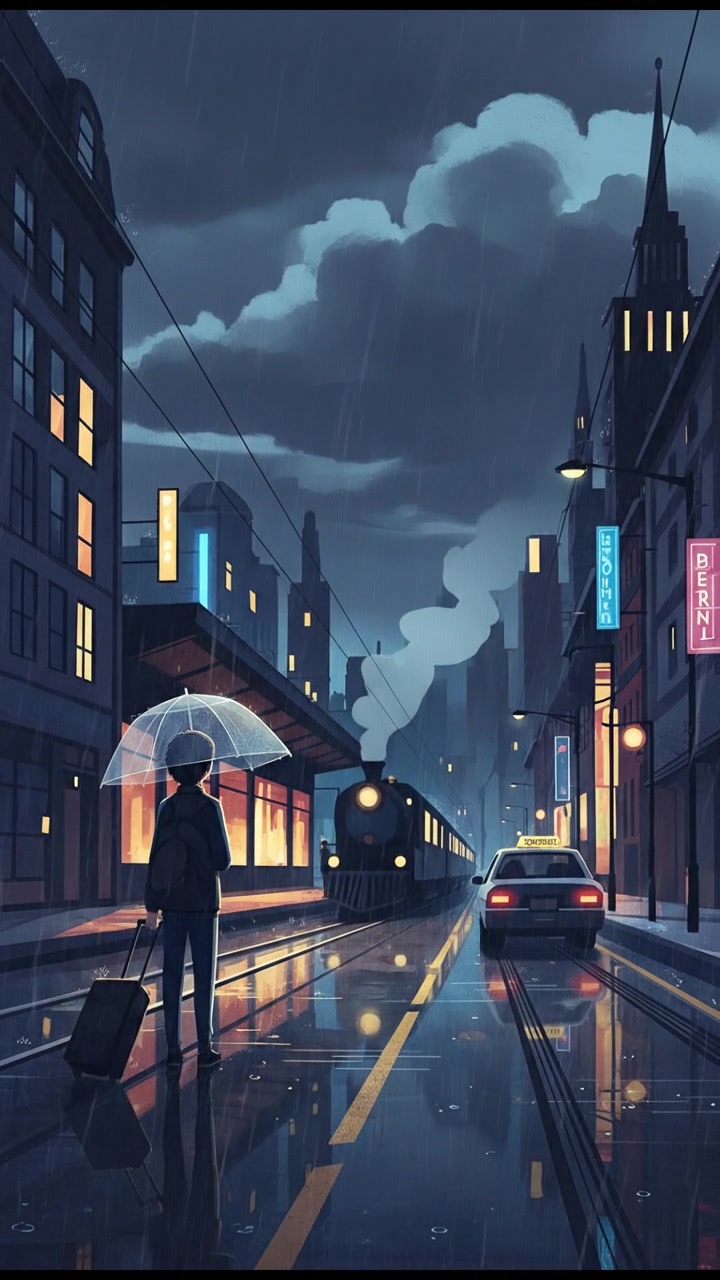 A rainy street view with dark clouds, illustrating the atmosphere of departure.